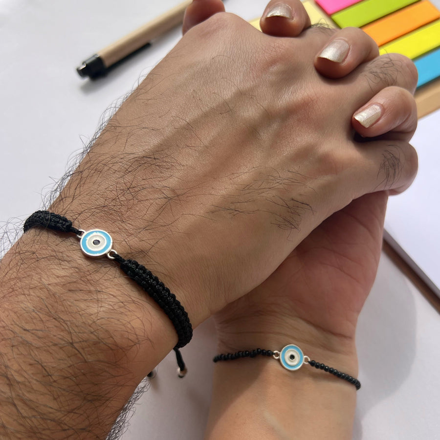 COUPLE - Nazar Guardian Silver Bracelets (With Black Onyx Beads For Women)
