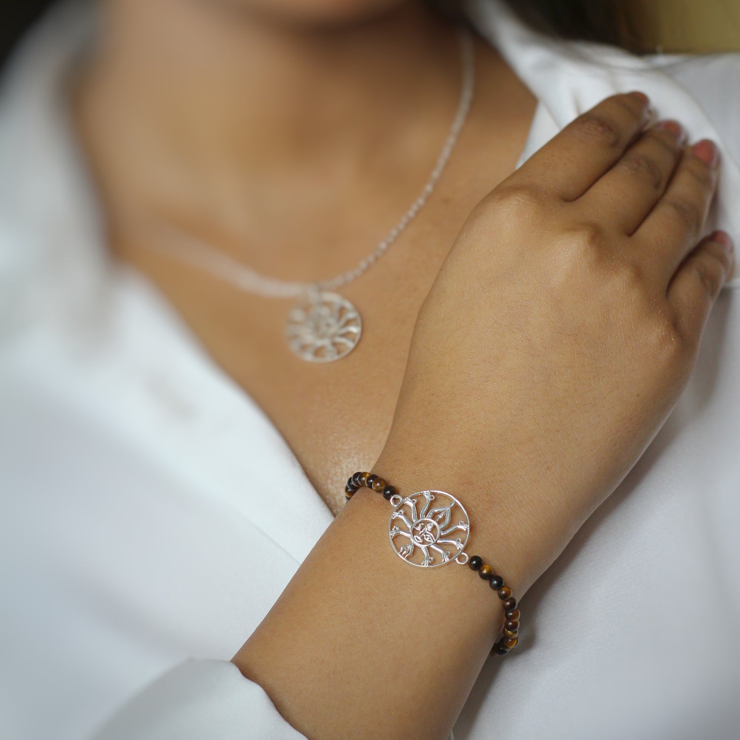 Women - Maa Adishakti 92.5 Silver with Tiger Eye Beads Bracelet