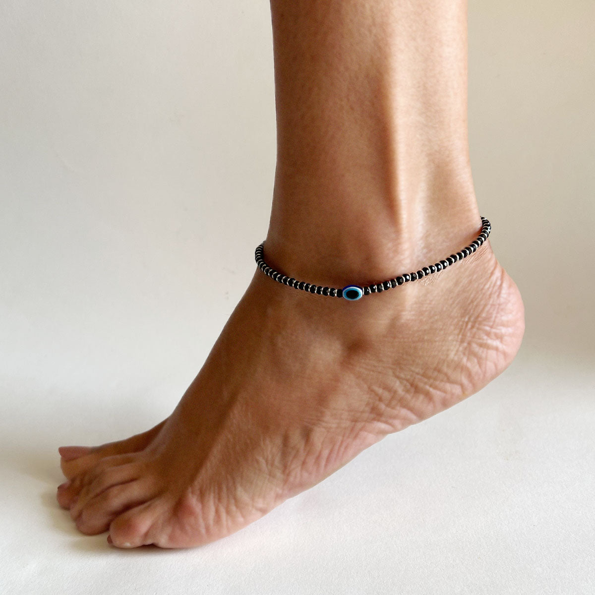 ANKLET- 92.5 Silver EvilEye Black-Onyx Bead Anklet with Pull Closure (SINGLE)