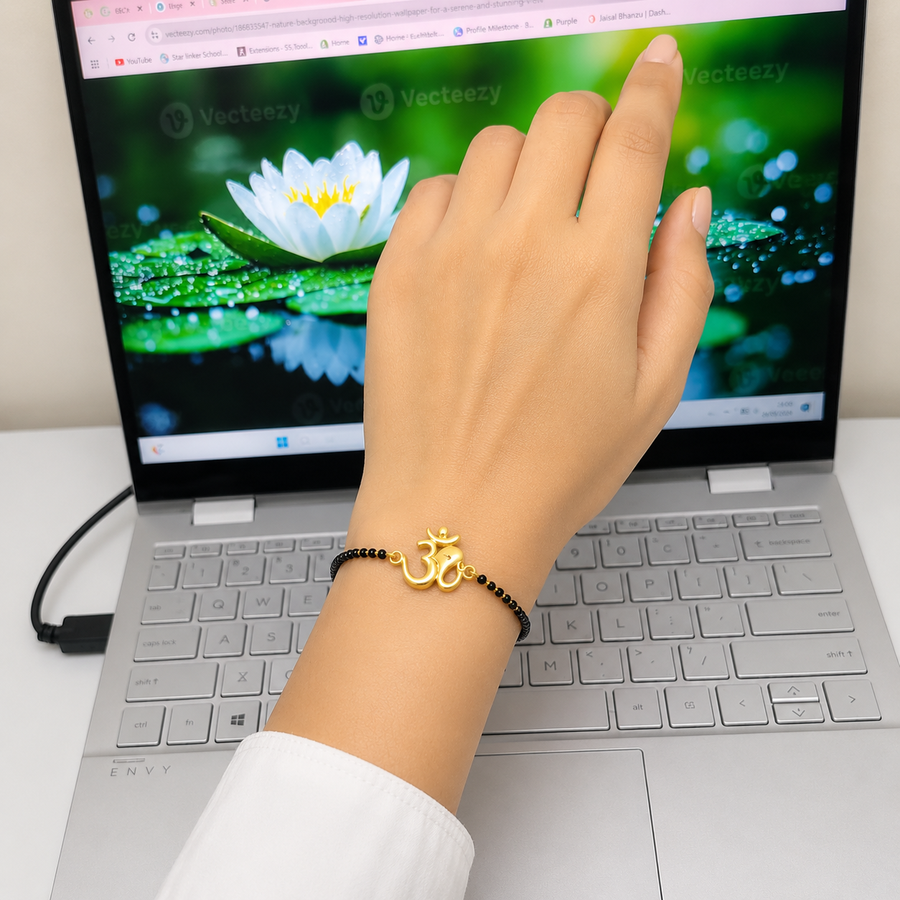 Women Shubh Om Ganesh 22k Gold-plated Brass Bracelet with Black Onyx