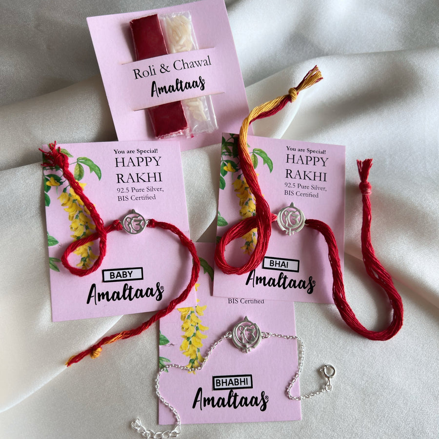 RAKHI B3 - Ek Onkar 92.5 Silver Bhai-Bhabhi-Baby Rakhi Combo (Family Pack)