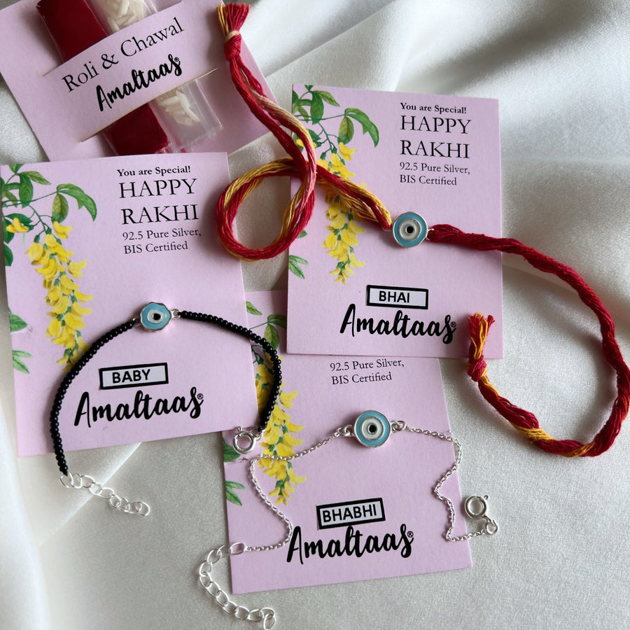 RAKHI B3 - Nazar Enamel EvilEye 92.5 Silver Bhai-Bhabhi-Baby Rakhi Combo (Family Pack)
