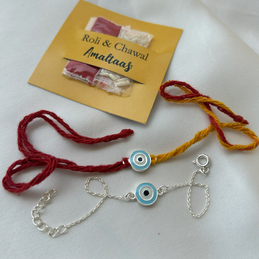 COMBO  RAKHI - Nazar Enamel EvilEye 92.5 Silver Rakhi for Bhai & Bhabhi