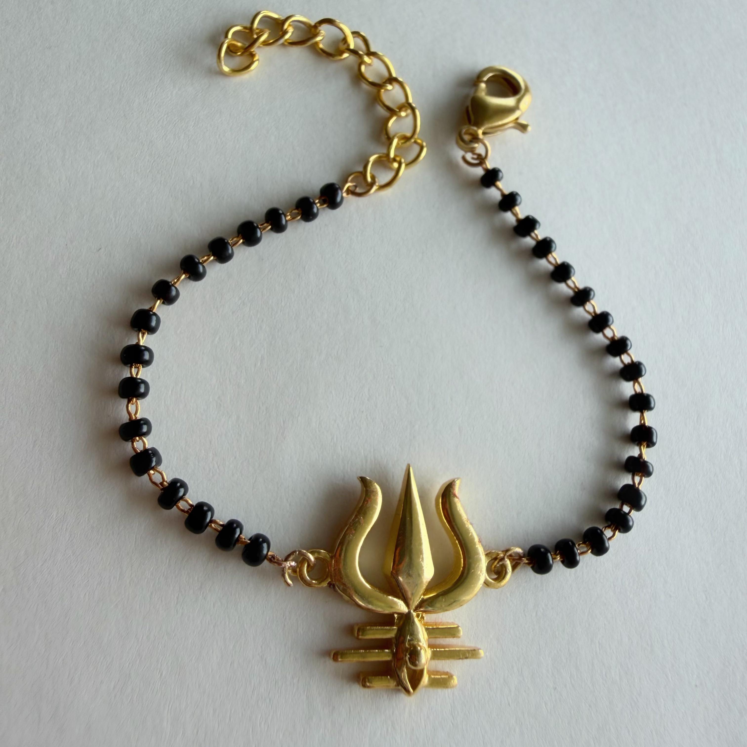 Women Mahadev's Trishul 22k Gold-plated Brass Bracelet with Black Onyx