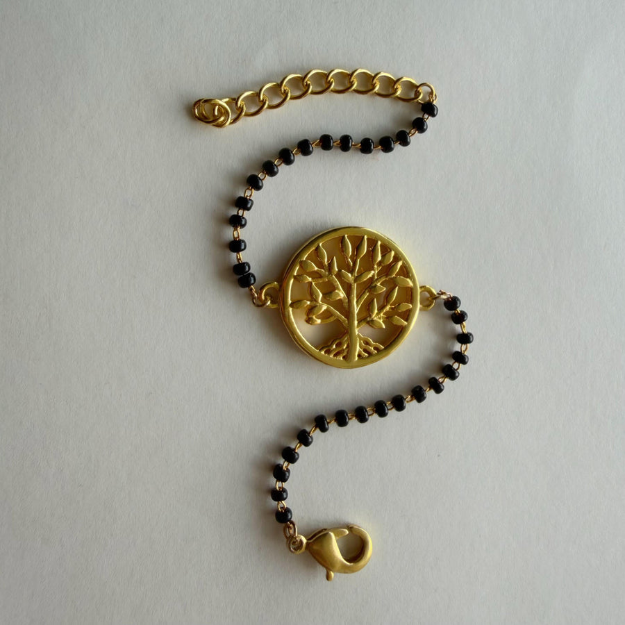 Women Tree of Life 22k Gold-plated Brass Bracelet with Black Onyx