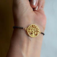 Women Tree of Life 22k Gold-plated Brass Bracelet with Black Onyx